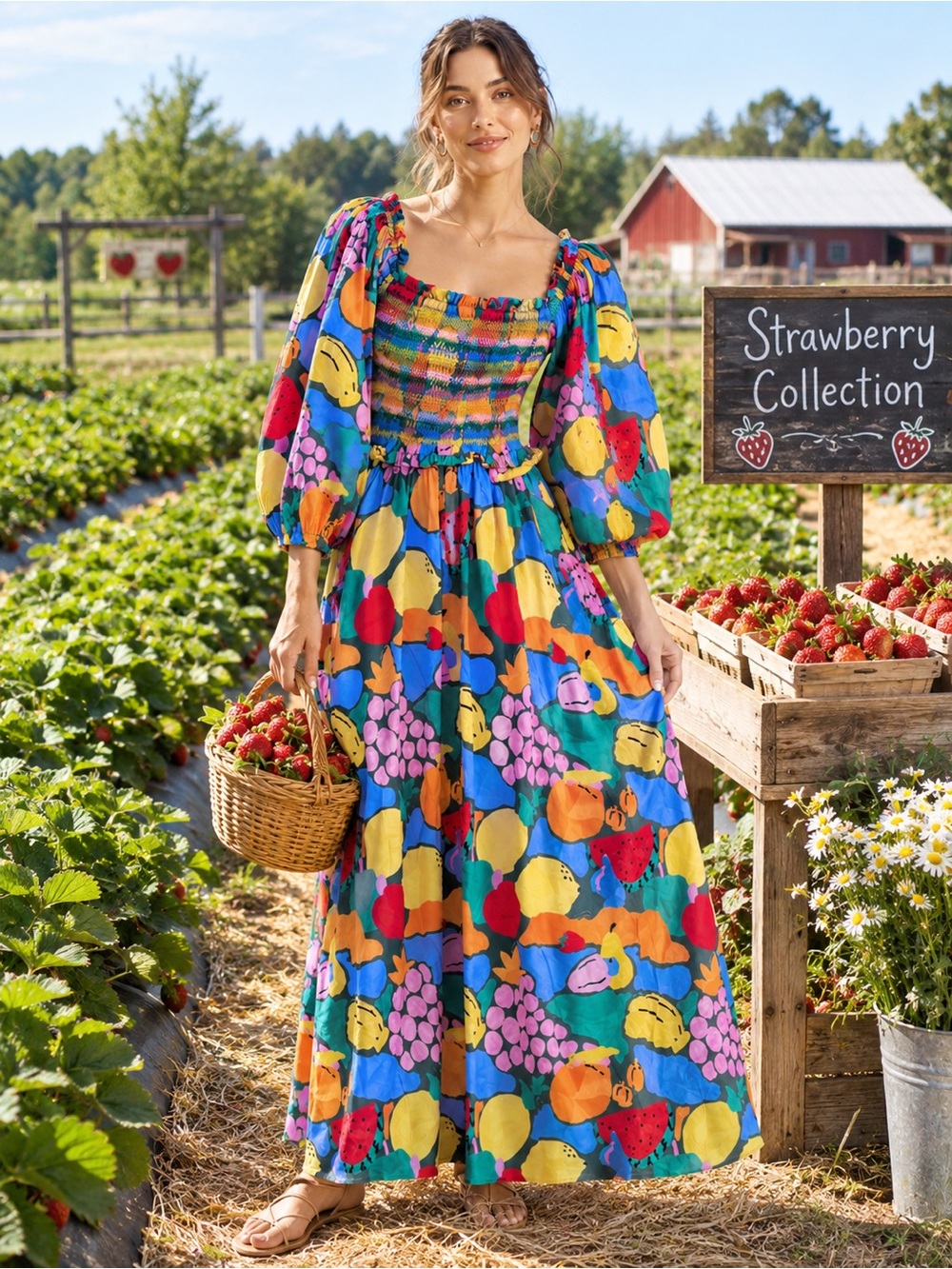 FARM Rio Vibrant Fruit-Print Maxi Dress in Blue, Yellow, Pink, Orange, Green